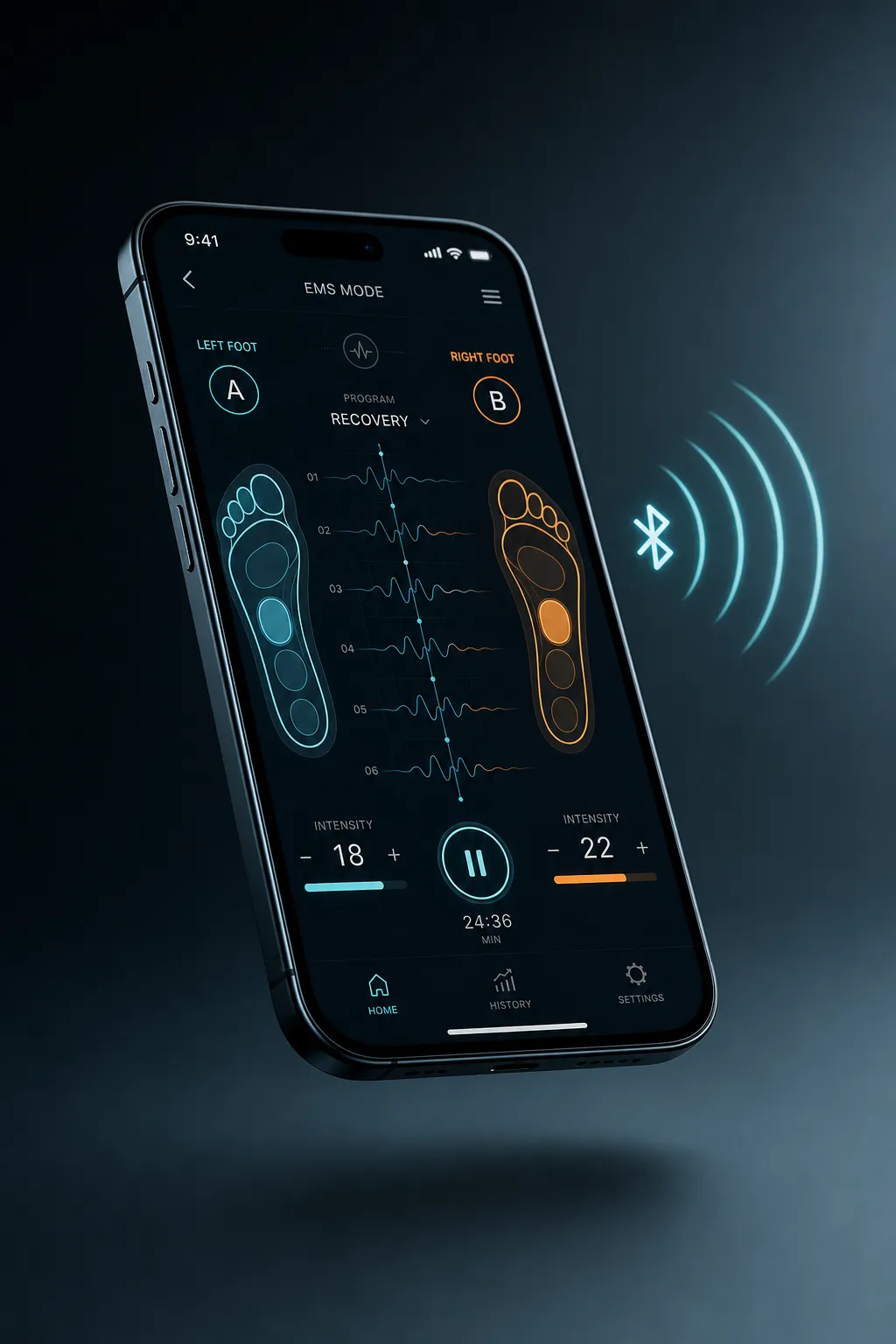 Companion app interface on a smartphone showing independent left-foot and right-foot EMS controls connected over Bluetooth