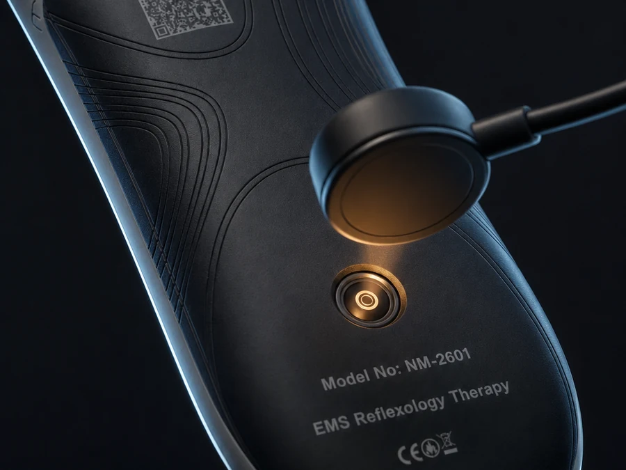 Close-up of the Nexmove magnetic charging cable connecting to the insole's heel charging point