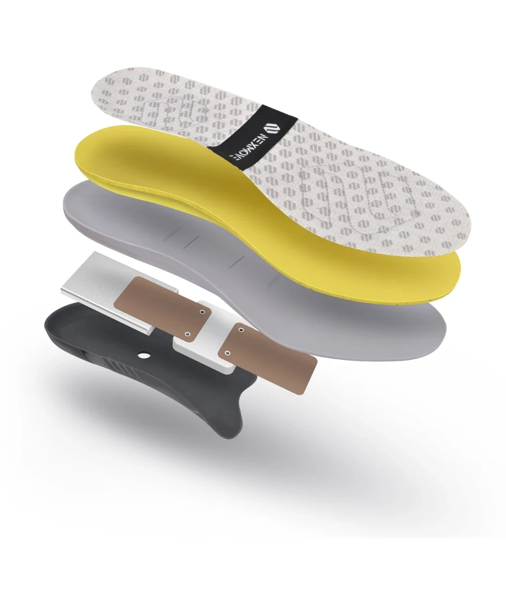 Exploded render of the Nexmove insole showing its stacked layers: cream conductive-fabric top with the black Nexmove insulating band across the midfoot, yellow breathable performance foam, grey moulded PU arch-support board, the electronics band with battery, PCBA and copper electrode contacts, and the black TPU protective bottom cover under the heel and arch