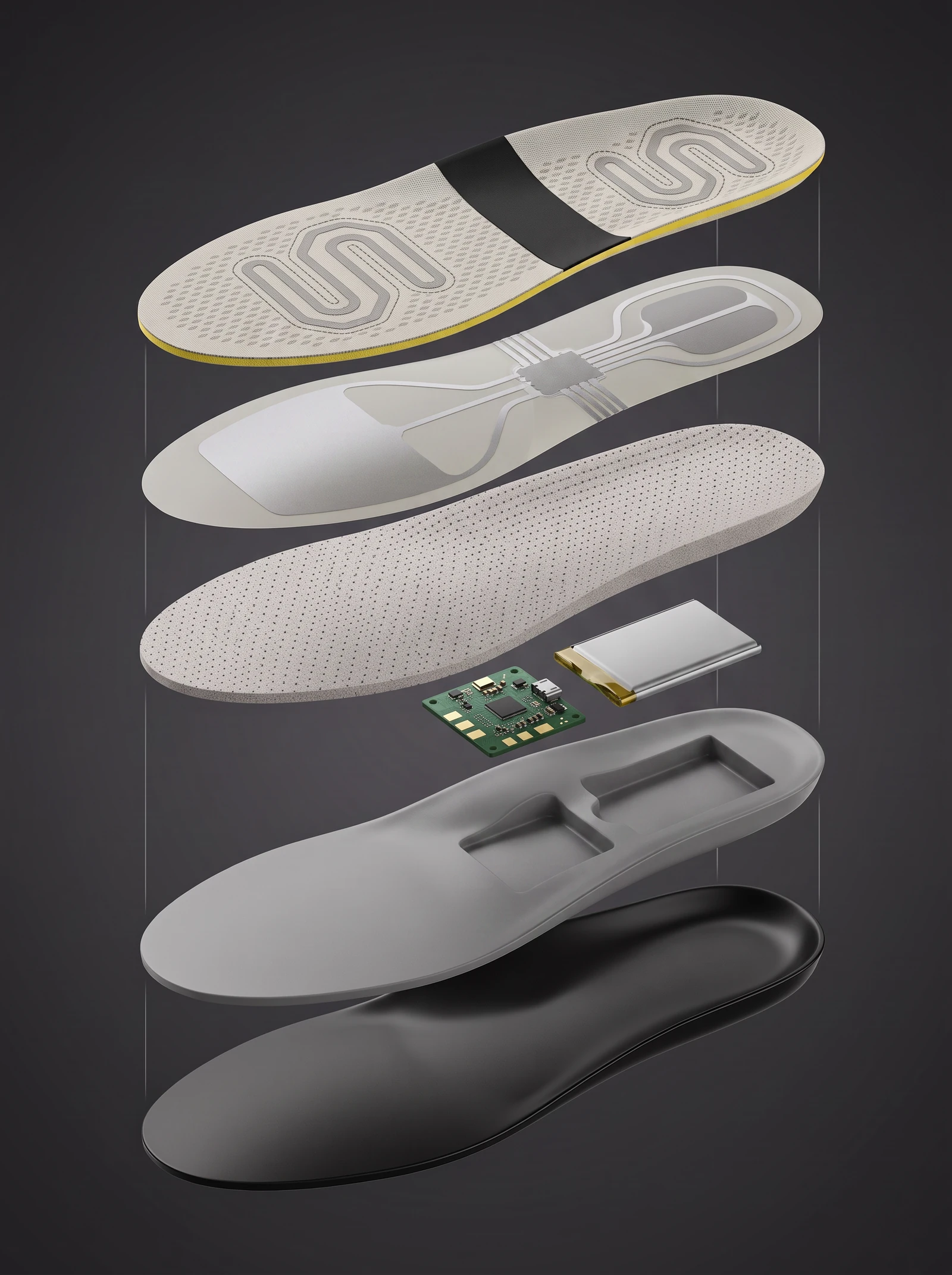 Exploded view of the Nexmove smart EMS insole showing its six layers: cream conductive-fabric top printed with the N monogram, with N-shaped forefoot and heel electrode zones and a black EMS Reflexology Therapy insulating band across the midfoot, conductive ribbon film, breathable foam, separate PCBA and battery modules, moulded PU arch-support board, and the TPU bottom cover under the heel and arch