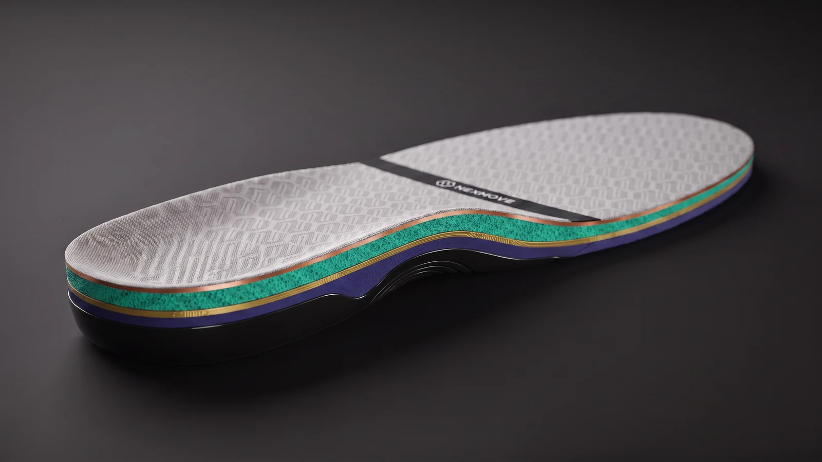 Colour-coded cross-section of the Nexmove insole edge showing each of the six layers in a distinct colour: silver woven conductive fabric, copper conductive film, teal breathable foam, gold electronics band, indigo moulded PU board, and the black TPU base cap under the heel and arch